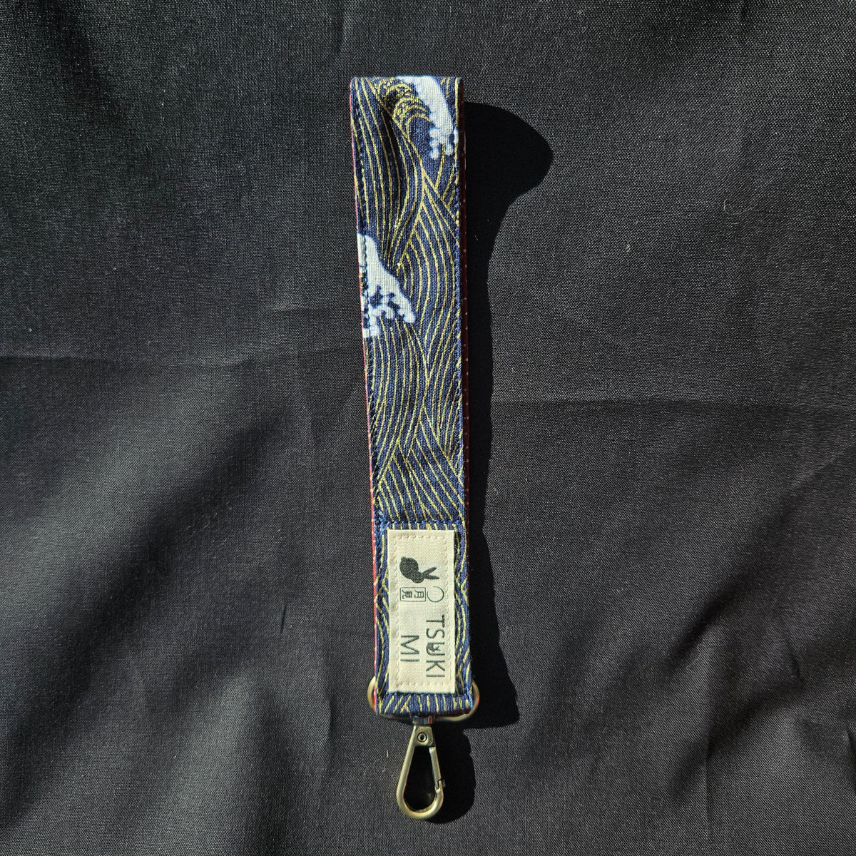 Porte-clés dragonne en coton japonais motif grande vague marine, mousqueton bronze