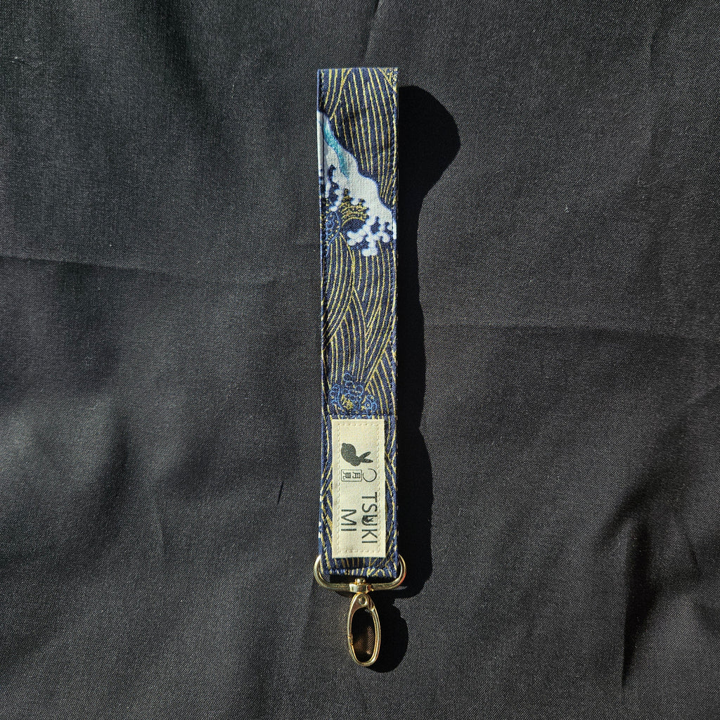 Porte-clés dragonne en coton japonais motif grande vague marine, mousqueton doré