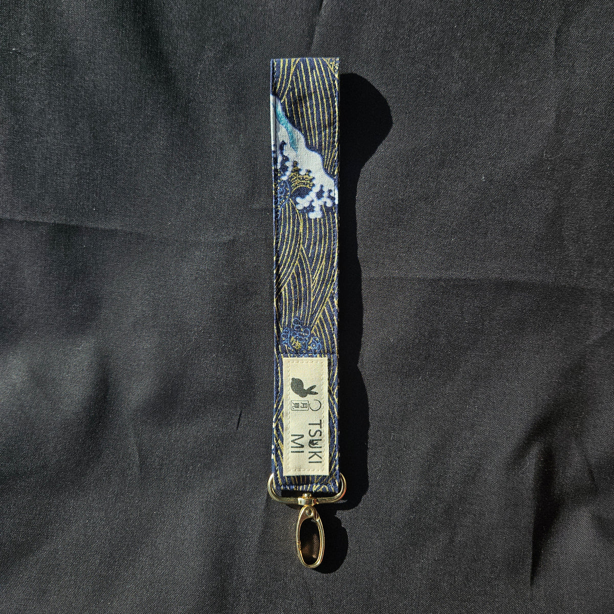 Porte-clés dragonne en coton japonais motif grande vague marine, mousqueton doré